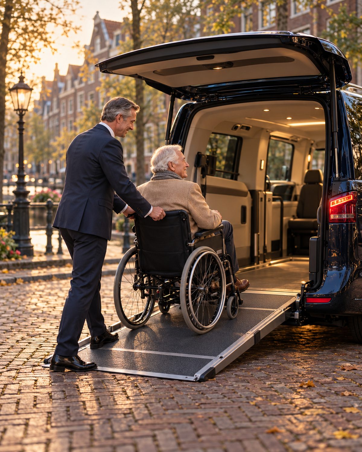 Een passagier in een rolstoel wordt via een oprijplaat rustig het voertuig in begeleid door de chauffeur.