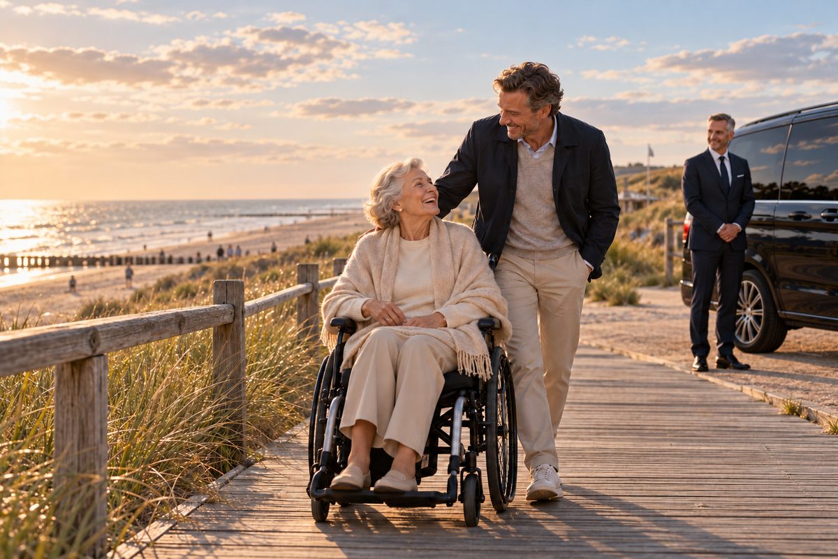 Een passagier in een rolstoel geniet samen met familie van een zonnige dag aan zee.