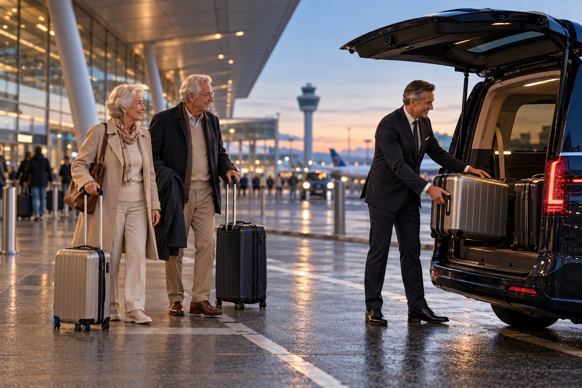 De chauffeur laadt koffers uit bij de vertrekhal van de luchthaven.