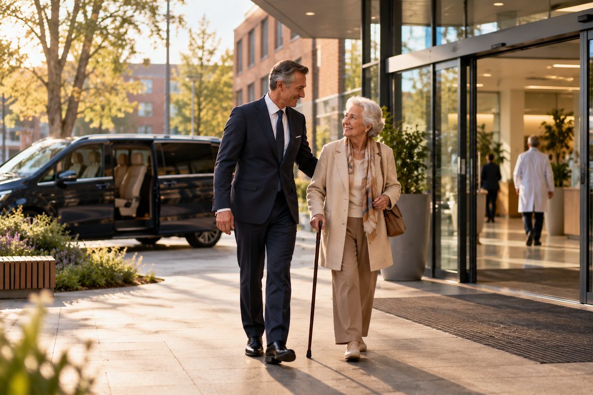 Een chauffeur begeleidt een oudere passagier rustig naar de ingang van een ziekenhuis.