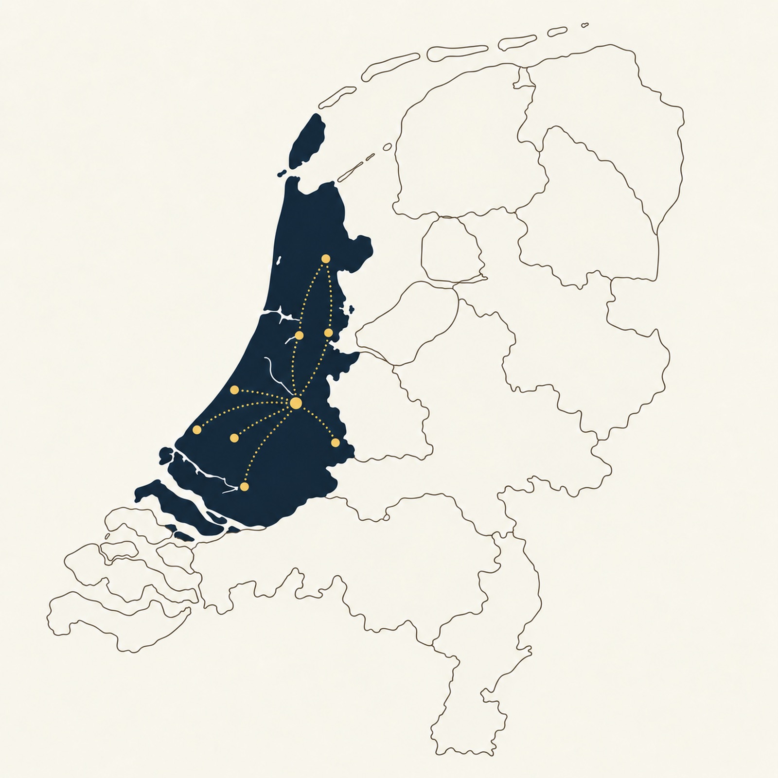 Gestileerde kaart van Nederland met Alphen aan den Rijn als vertrekpunt en routes naar de Randstad en Europa.